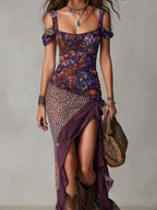 Druida Floral Maxi Dress - Purple Urban Nomad Leopard Print, with High Slit, for Women
