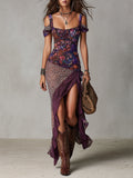 Druida Floral Maxi Dress - Purple Urban Nomad Leopard Print, with High Slit, for Women