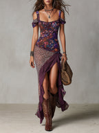 Druida Floral Maxi Dress - Purple Urban Nomad Leopard Print, with High Slit, for Women