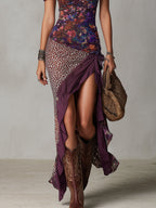 Druida Floral Maxi Dress - Purple Urban Nomad Leopard Print, with High Slit, for Women