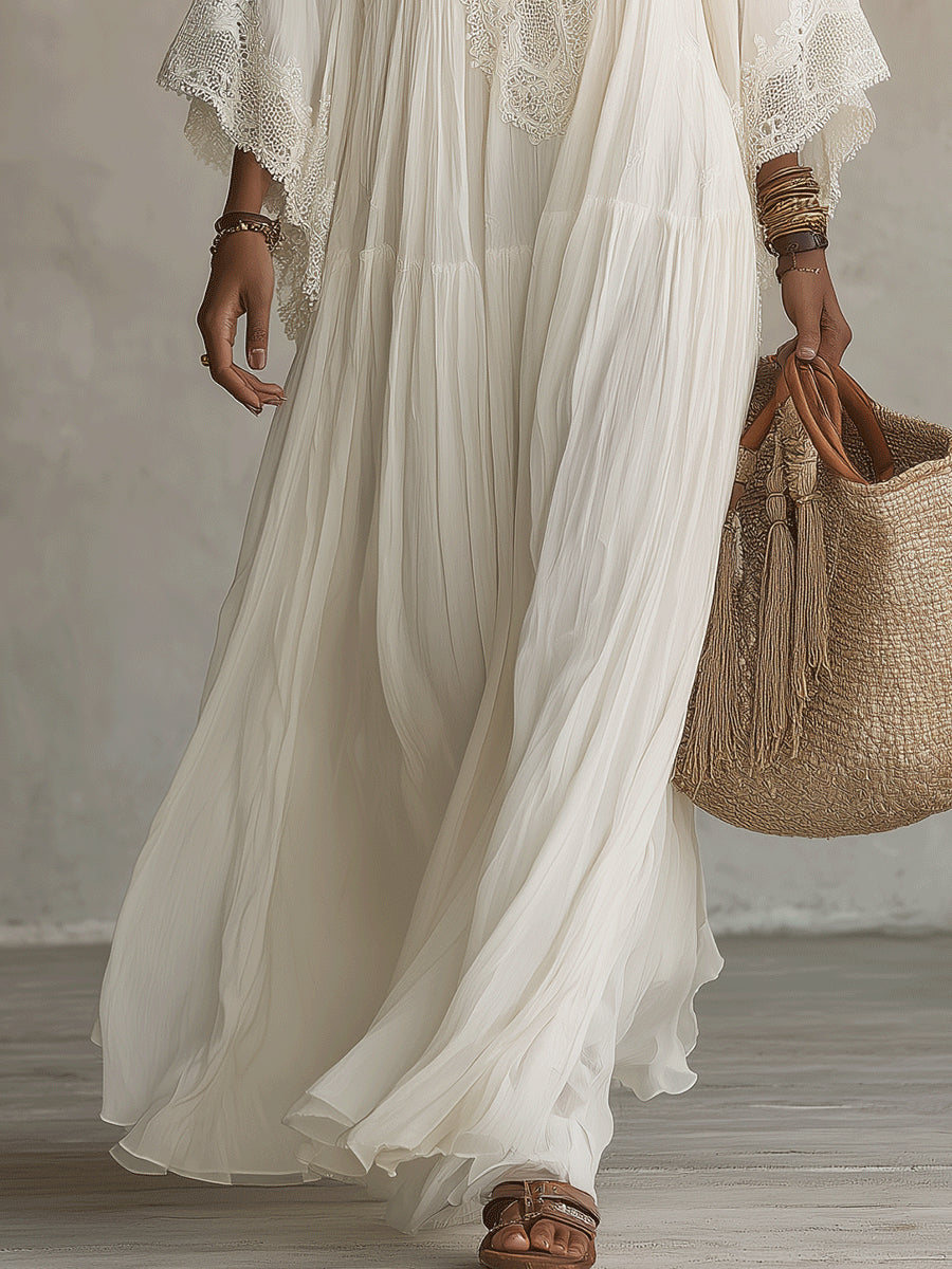 Indara | White maxi dress with a V-neck for women – elegant and timeless