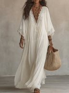 Indara | White maxi dress with a V-neck for women – elegant and timeless