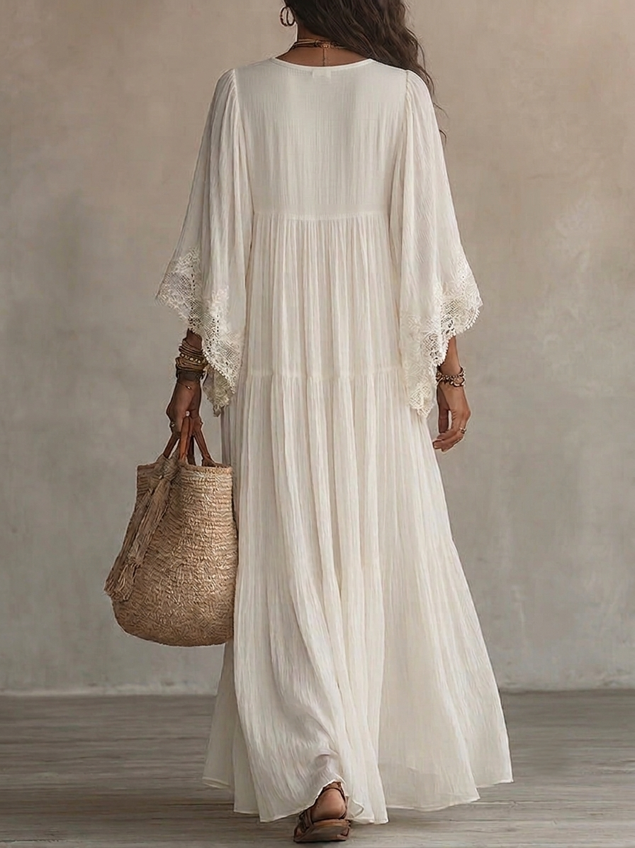 Indara | White maxi dress with a V-neck for women – elegant and timeless