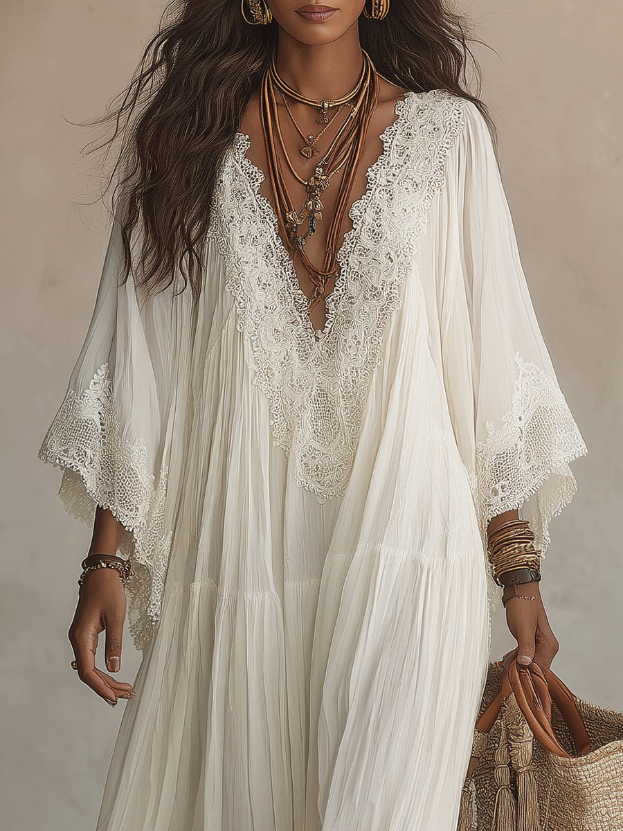 Indara | White maxi dress with a V-neck for women – elegant and timeless