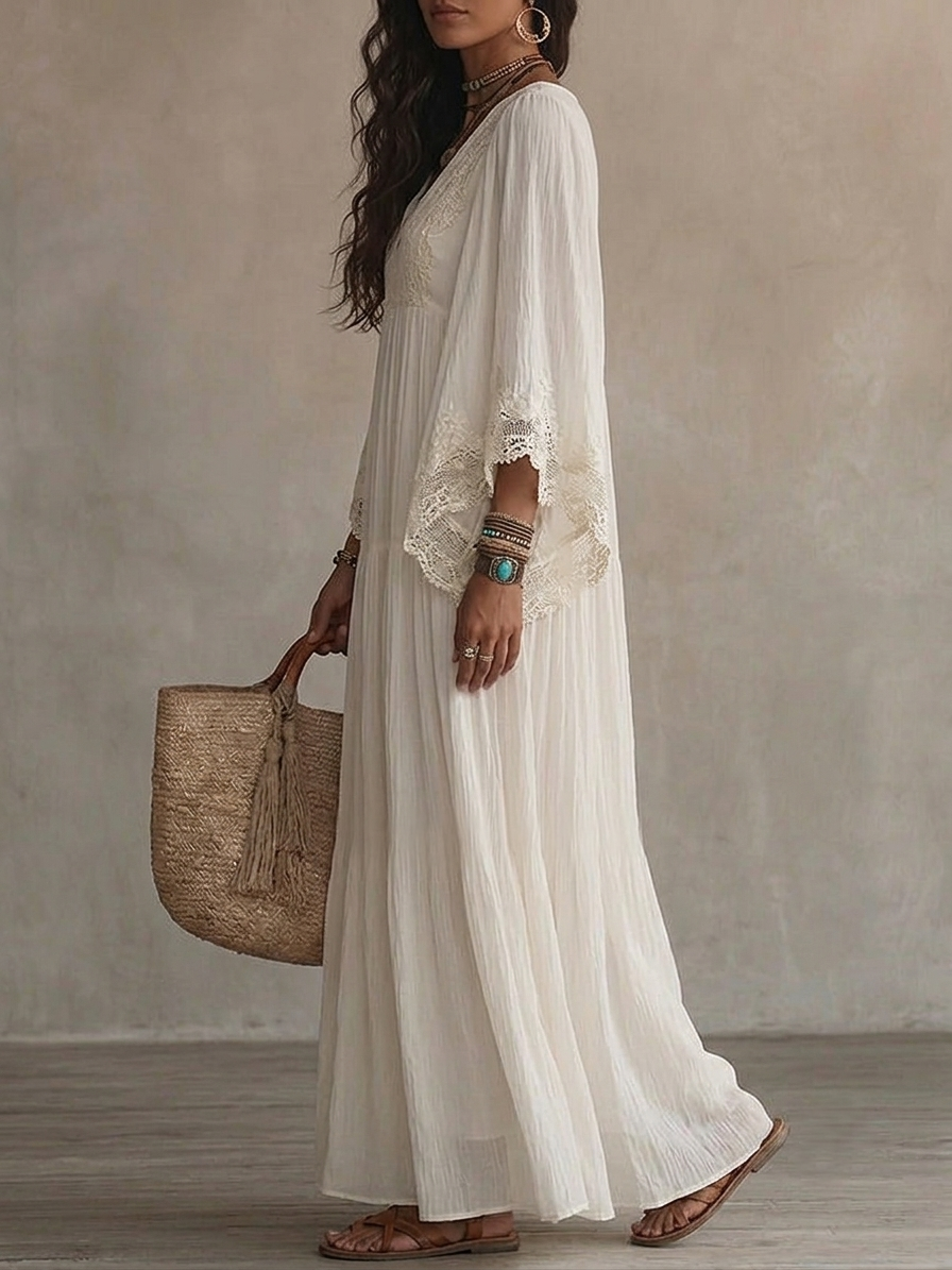 Indara | White maxi dress with a V-neck for women – elegant and timeless