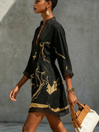 Diana | Short Dress with Black and Gold Print, V-Neck, and Crochet Lace for Women