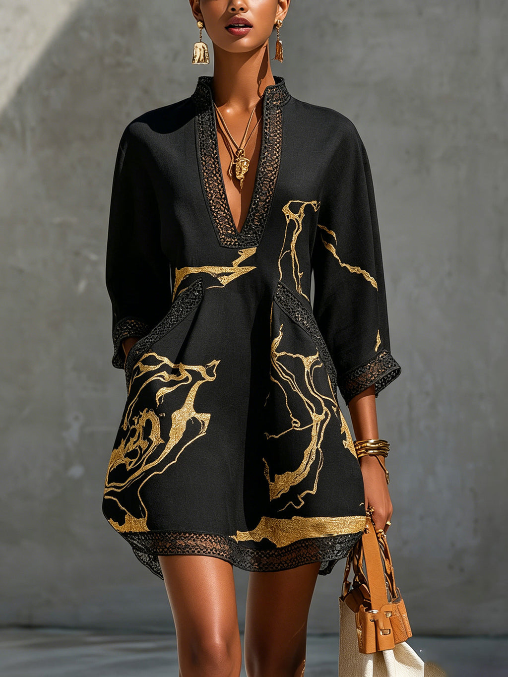 Diana | Short Dress with Black and Gold Print, V-Neck, and Crochet Lace for Women