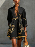 Diana | Short Dress with Black and Gold Print, V-Neck, and Crochet Lace for Women