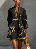 Diana | Short Dress with Black and Gold Print, V-Neck, and Crochet Lace for Women