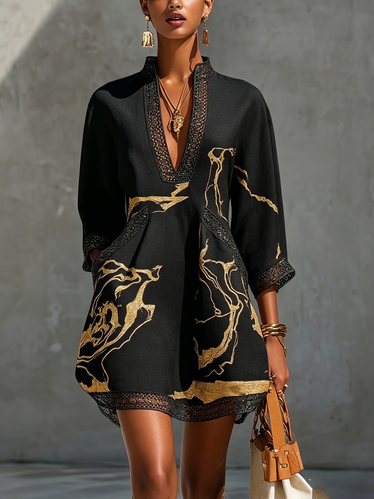 Diana | Short Dress with Black and Gold Print, V-Neck, and Crochet Lace for Women