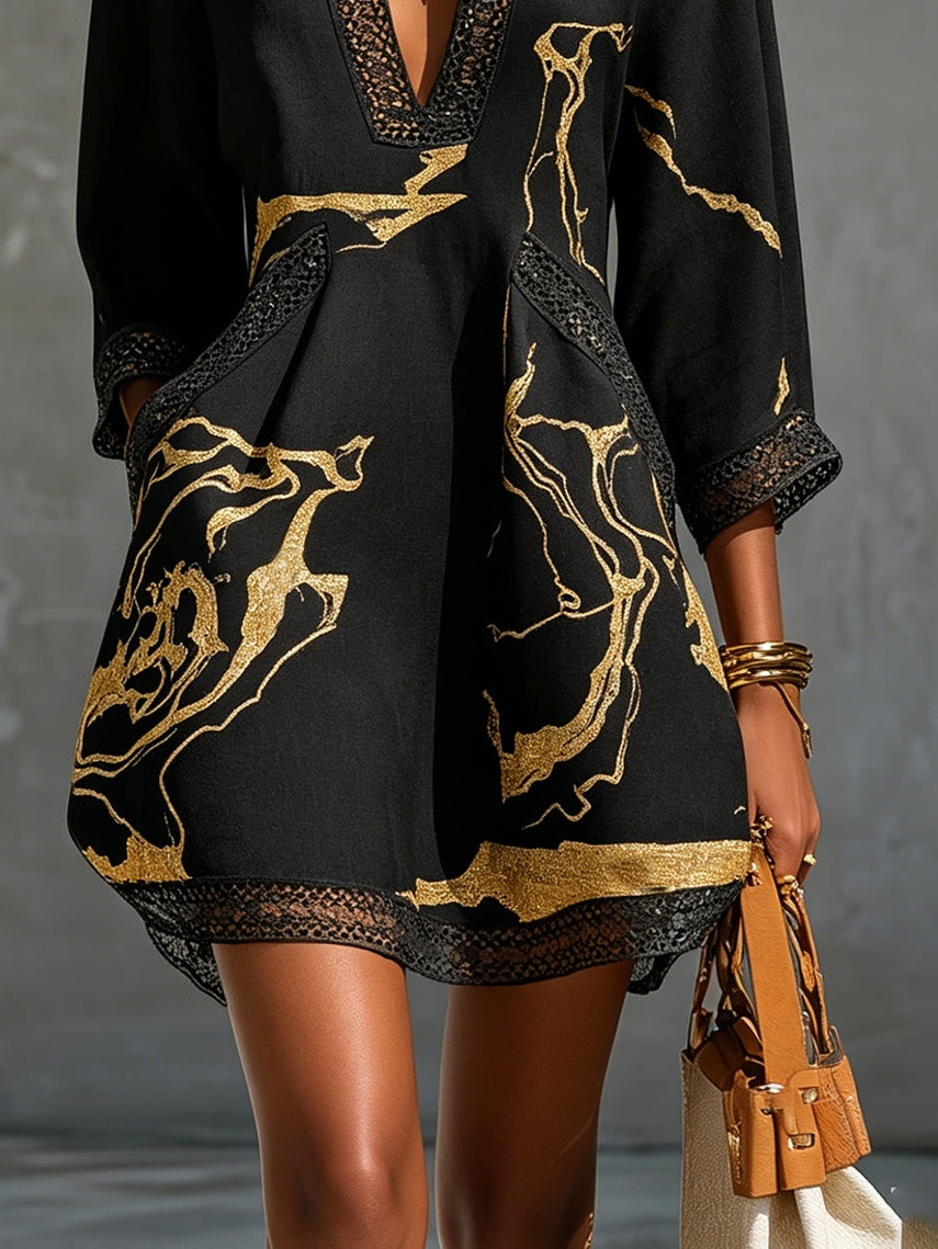 Diana | Short Dress with Black and Gold Print, V-Neck, and Crochet Lace for Women