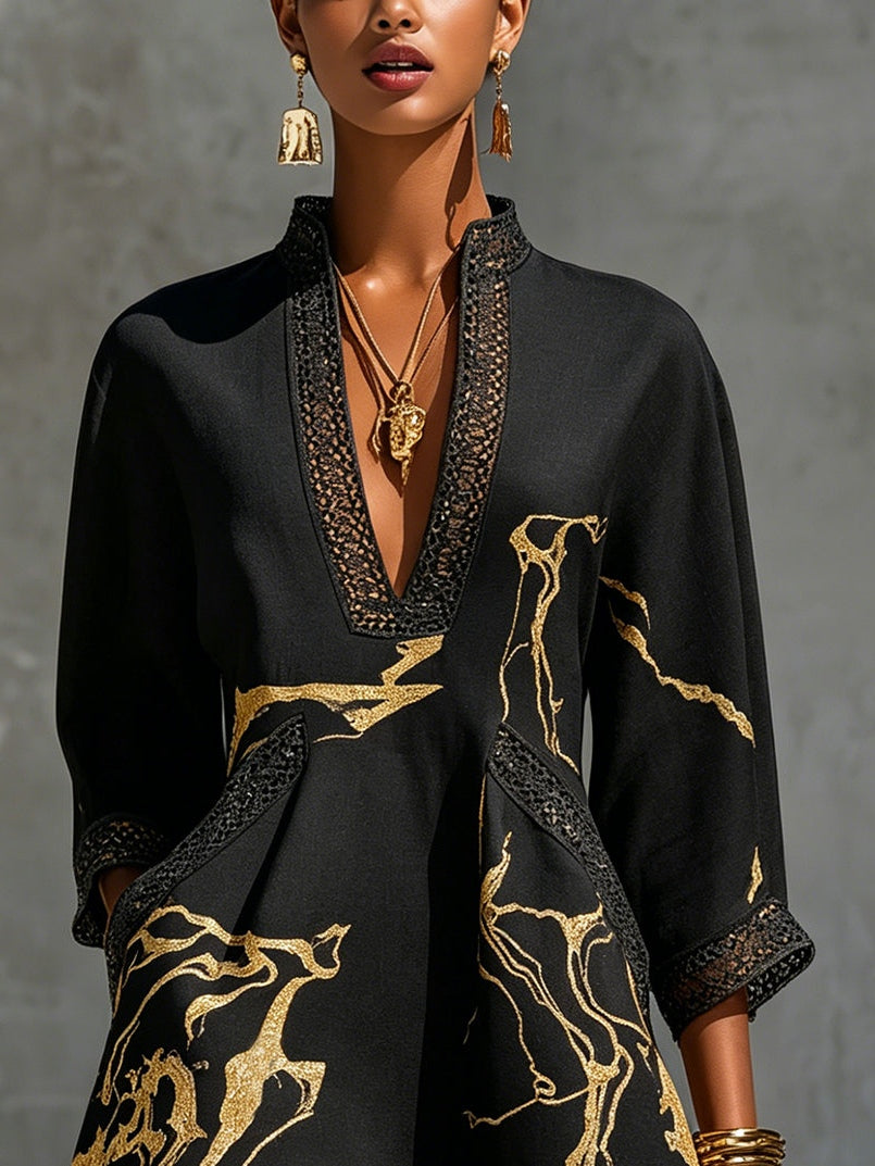 Diana | Short Dress with Black and Gold Print, V-Neck, and Crochet Lace for Women