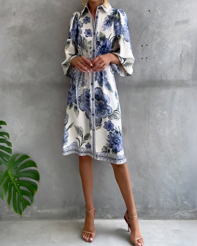 Rosalva - Printed robe with lantern sleeves and a choker necklace for women