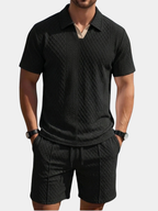 Relaxed Knit Short Set with Polo Collar and Adjustable Drawstring Waist