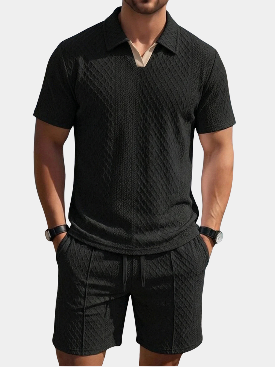 Relaxed Knit Short Set with Polo Collar and Adjustable Drawstring Waist