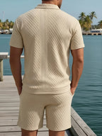 Relaxed Knit Short Set with Polo Collar and Adjustable Drawstring Waist