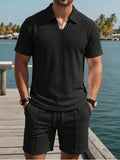 Relaxed Knit Short Set with Polo Collar and Adjustable Drawstring Waist