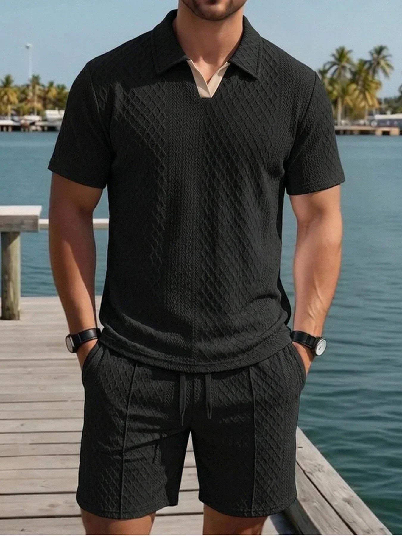 Relaxed Knit Short Set with Polo Collar and Adjustable Drawstring Waist