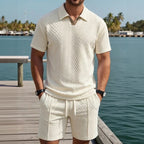 Relaxed Knit Short Set with Polo Collar and Adjustable Drawstring Waist