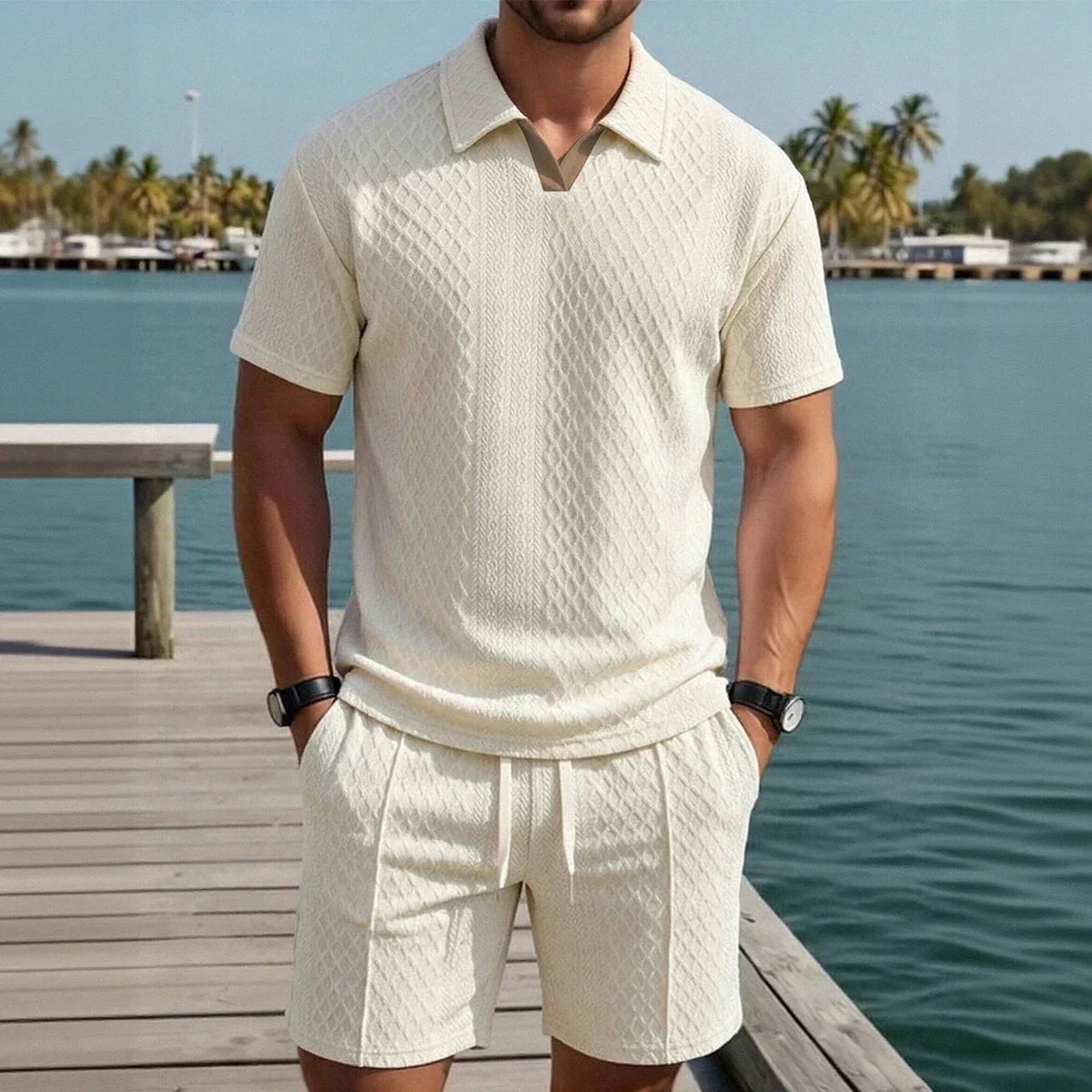 Relaxed Knit Short Set with Polo Collar and Adjustable Drawstring Waist