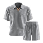 Relaxed Knit Short Set with Polo Collar and Adjustable Drawstring Waist