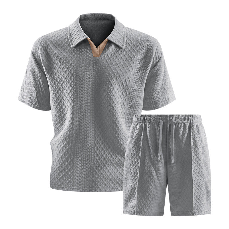 Relaxed Knit Short Set with Polo Collar and Adjustable Drawstring Waist