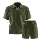 Relaxed Knit Short Set with Polo Collar and Adjustable Drawstring Waist