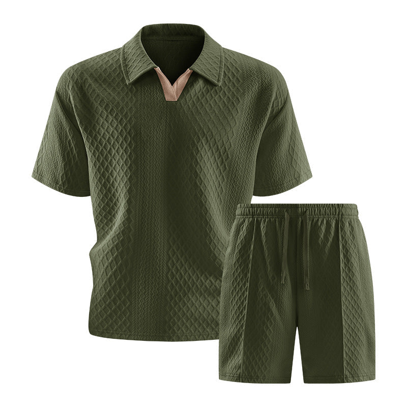 Relaxed Knit Short Set with Polo Collar and Adjustable Drawstring Waist