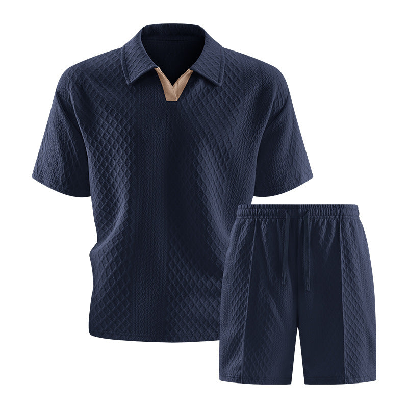 Relaxed Knit Short Set with Polo Collar and Adjustable Drawstring Waist