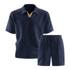 Relaxed Knit Short Set with Polo Collar and Adjustable Drawstring Waist