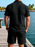 Relaxed Knit Short Set with Polo Collar and Adjustable Drawstring Waist