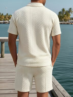 Relaxed Knit Short Set with Polo Collar and Adjustable Drawstring Waist