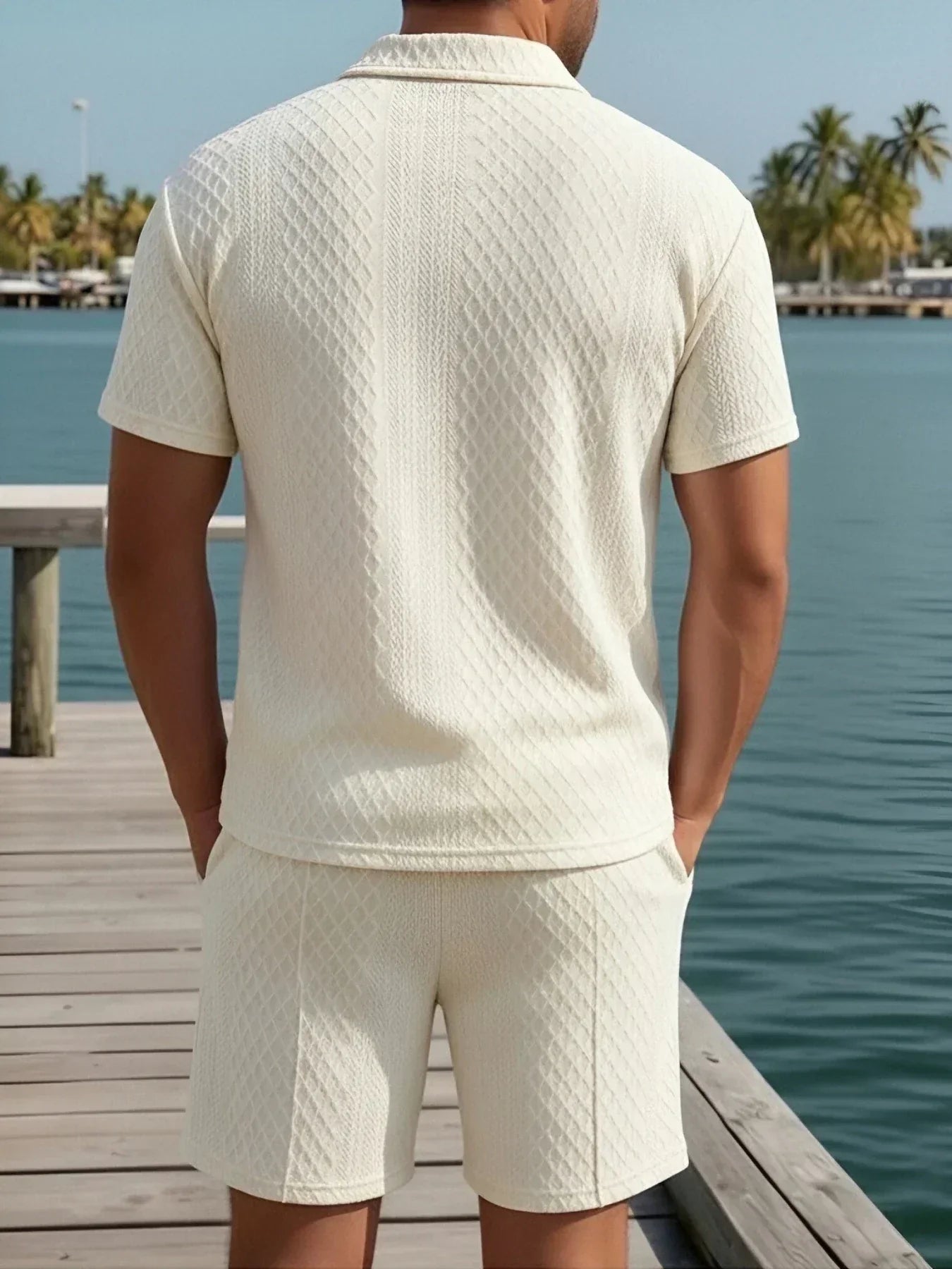 Relaxed Knit Short Set with Polo Collar and Adjustable Drawstring Waist