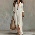 Relaxed Linen-Blend Shirt Dress with Button-Front and Side Slits