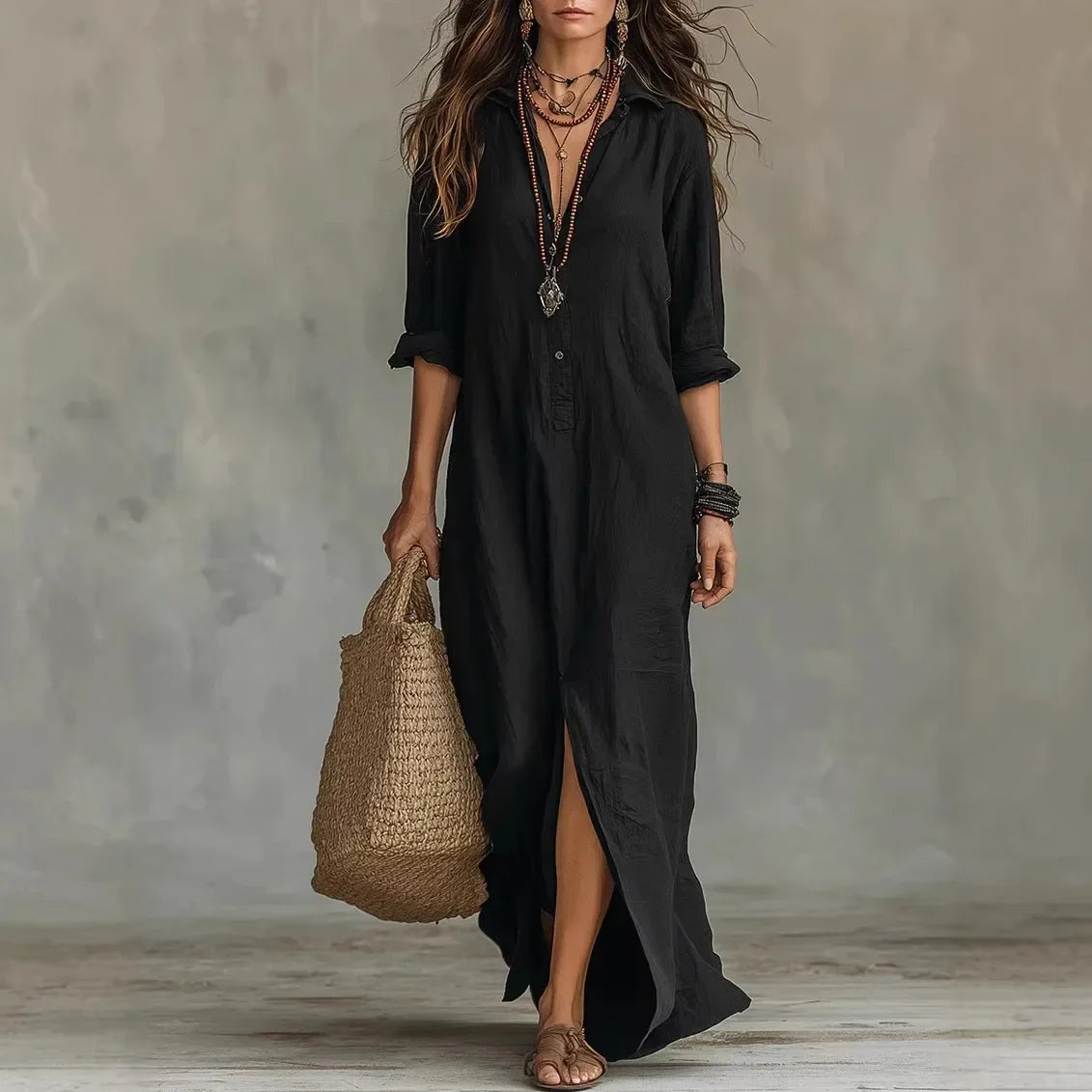 Relaxed Linen-Blend Shirt Dress with Button-Front and Side Slits