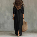 Relaxed Linen-Blend Shirt Dress with Button-Front and Side Slits