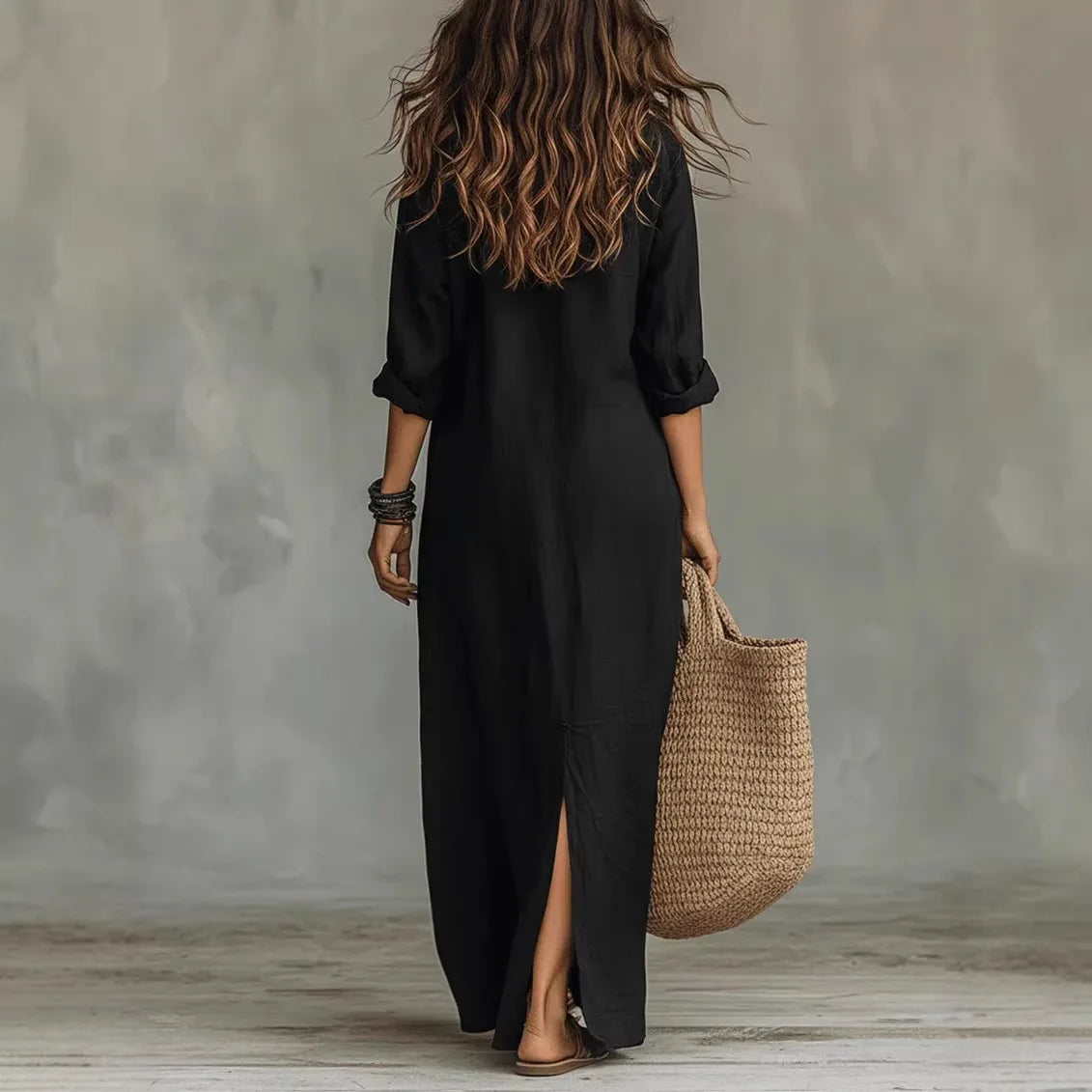 Relaxed Linen-Blend Shirt Dress with Button-Front and Side Slits