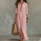 Relaxed Linen-Blend Shirt Dress with Button-Front and Side Slits