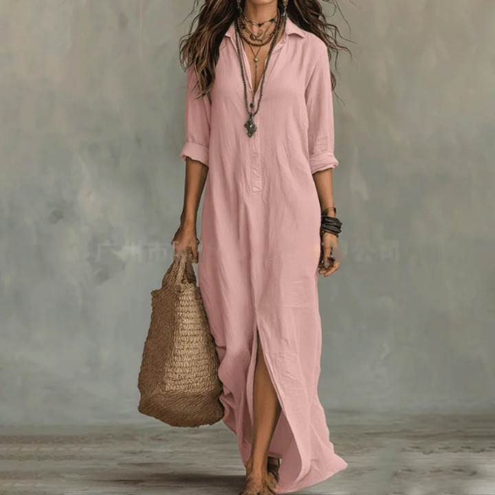 Relaxed Linen-Blend Shirt Dress with Button-Front and Side Slits