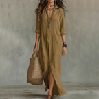 Relaxed Linen-Blend Shirt Dress with Button-Front and Side Slits