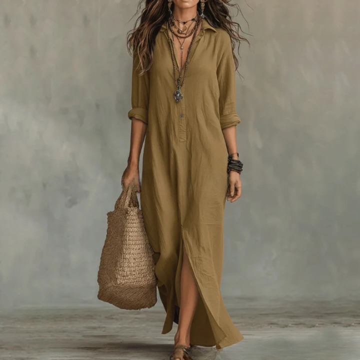 Relaxed Linen-Blend Shirt Dress with Button-Front and Side Slits