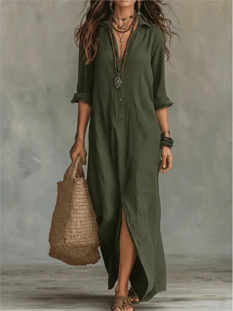 Relaxed Linen-Blend Shirt Dress with Button-Front and Side Slits