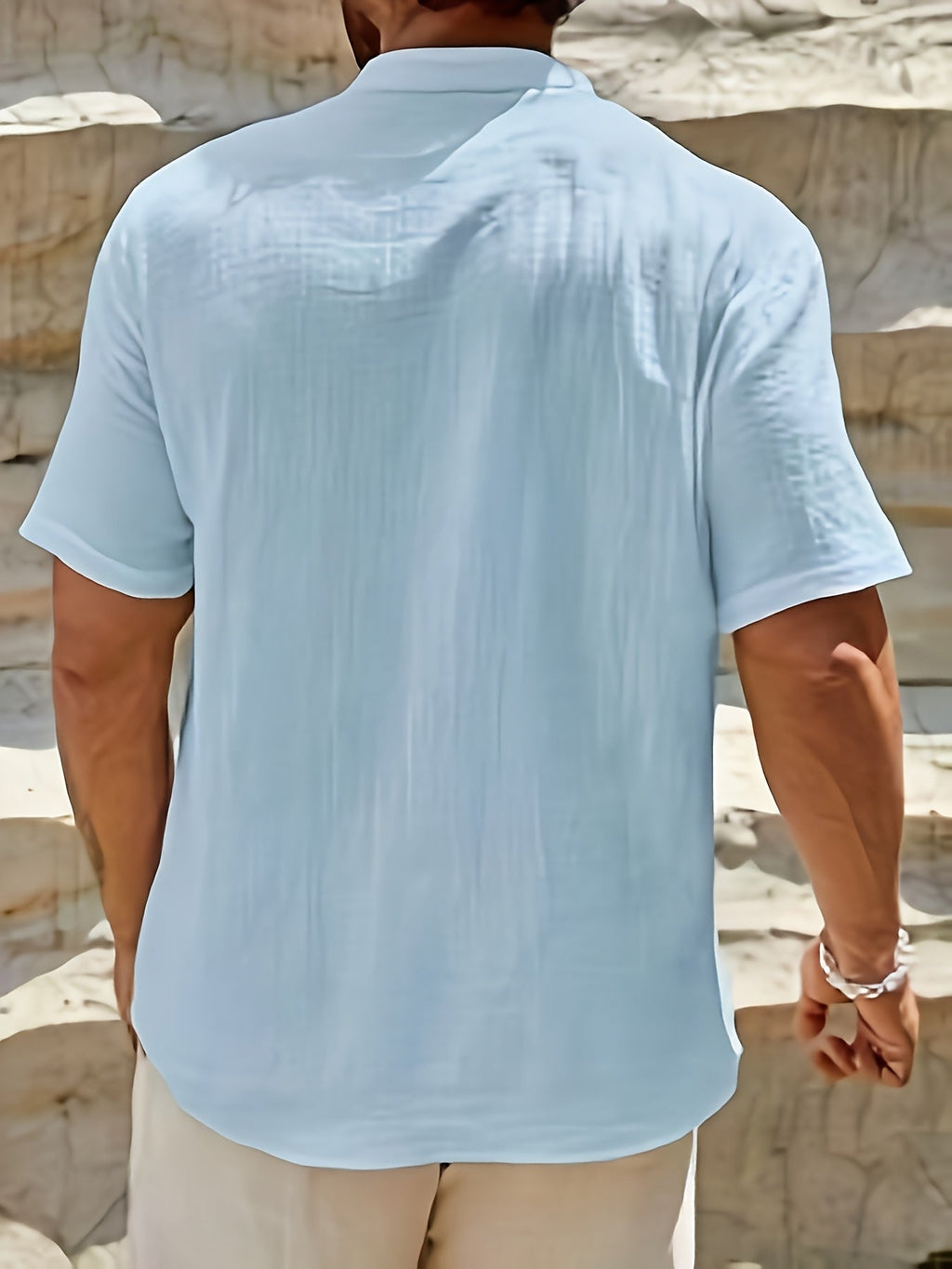 Relaxed Linen-Blend Shirt with Band Collar and Button-Front Placket