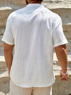 Relaxed Linen-Blend Shirt with Band Collar and Button-Front Placket