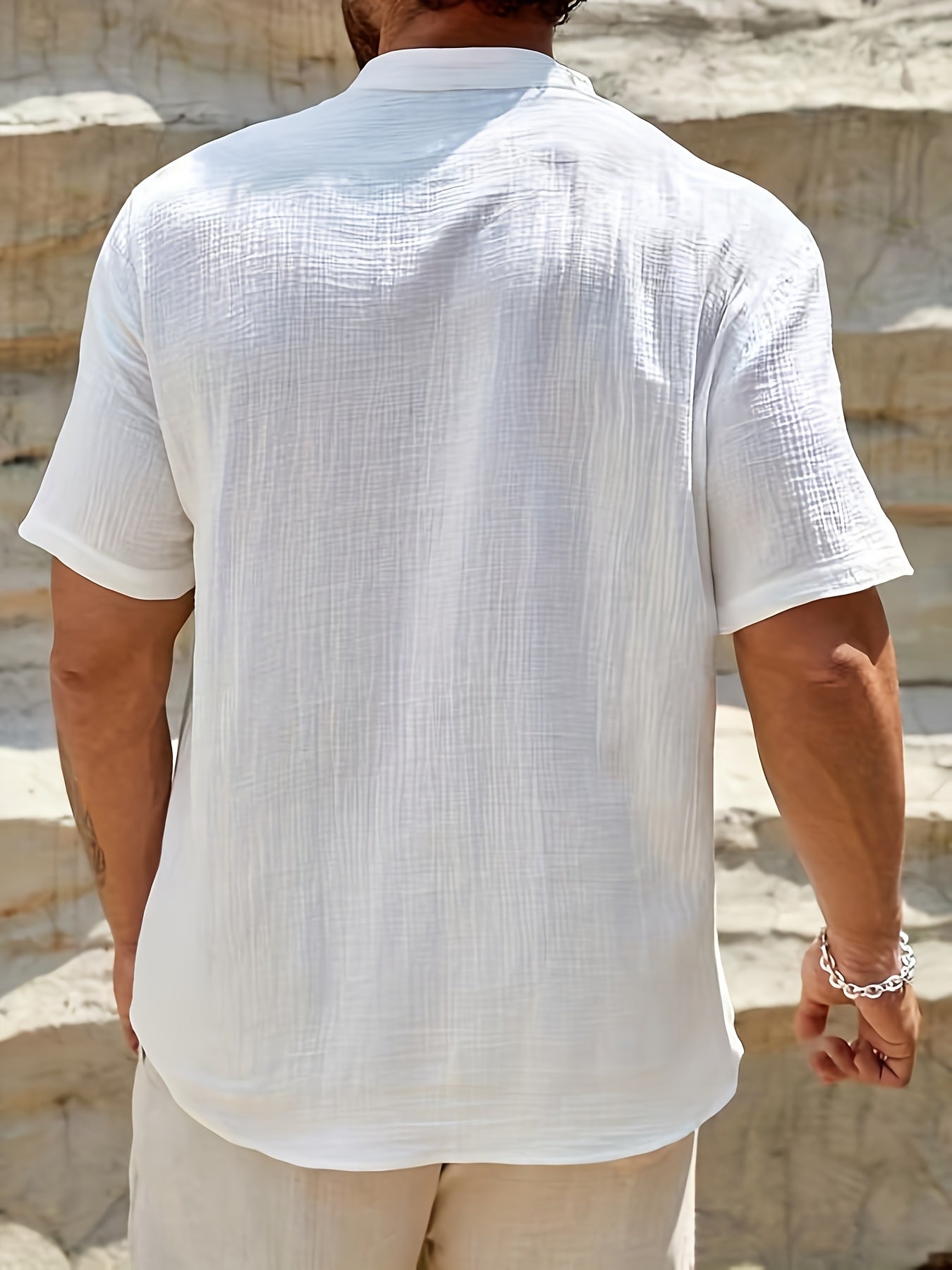 Relaxed Linen-Blend Shirt with Band Collar and Button-Front Placket