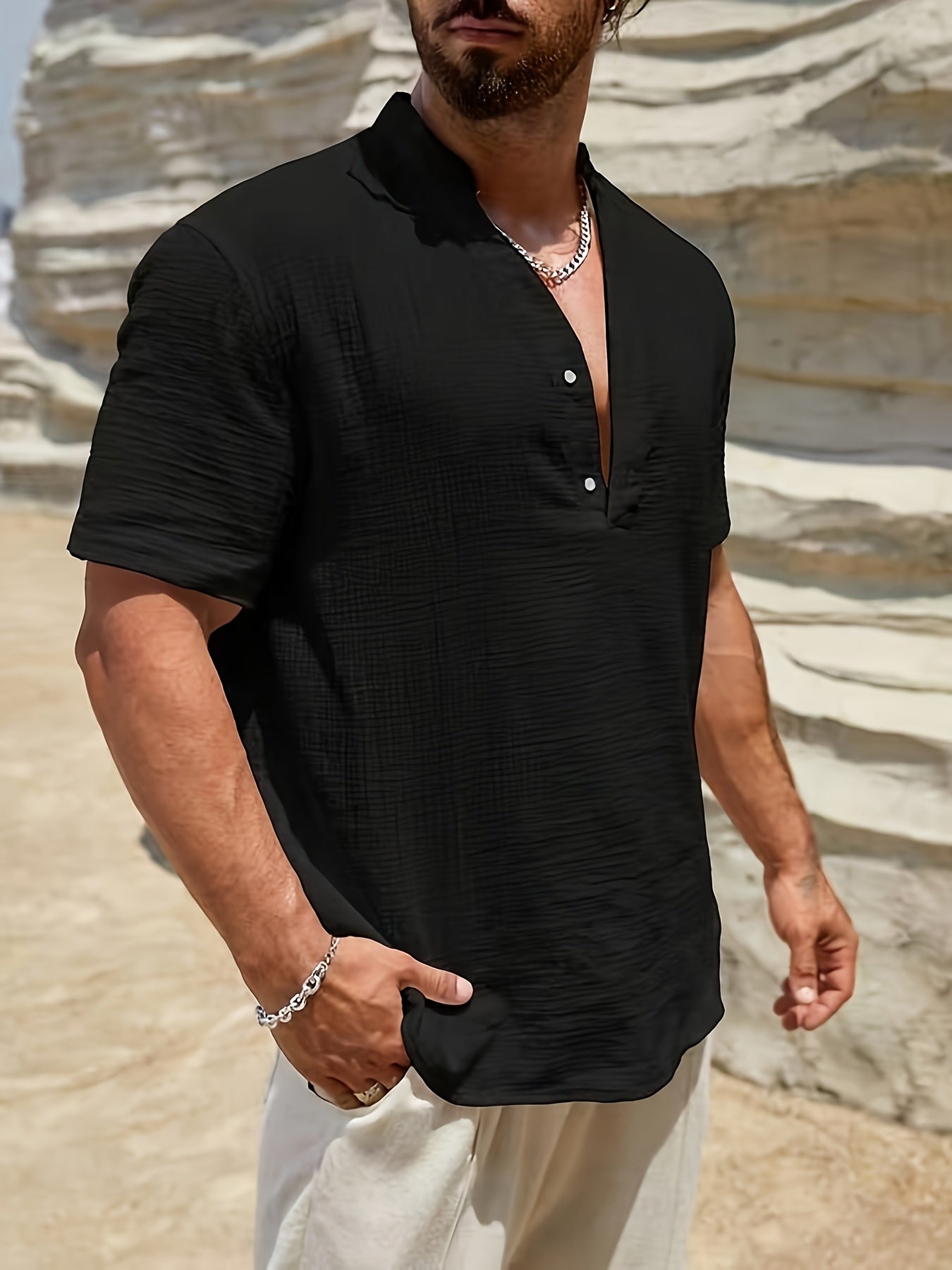 Relaxed Linen-Blend Shirt with Band Collar and Button-Front Placket