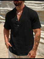 Relaxed Linen-Blend Shirt with Band Collar and Button-Front Placket