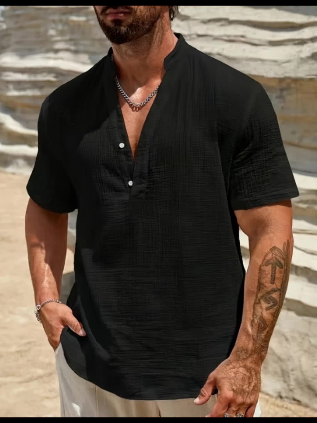 Relaxed Linen-Blend Shirt with Band Collar and Button-Front Placket