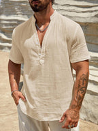 Relaxed Linen-Blend Shirt with Band Collar and Button-Front Placket