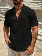 Relaxed Linen-Blend Shirt with Band Collar and Button-Front Placket